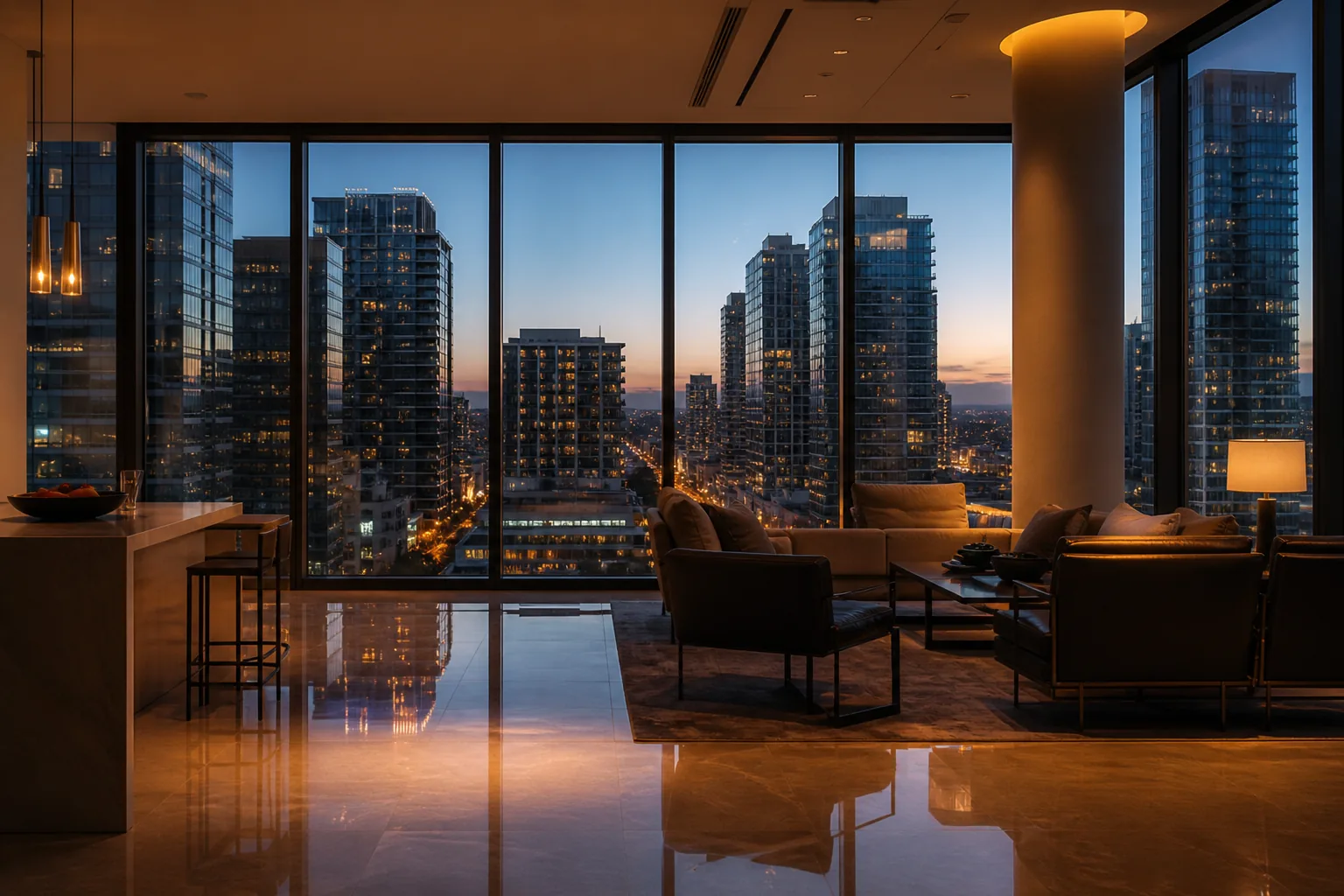 Condo and High-Rise Cleaning San Diego - downtown San Diego high-rise living room at dusk