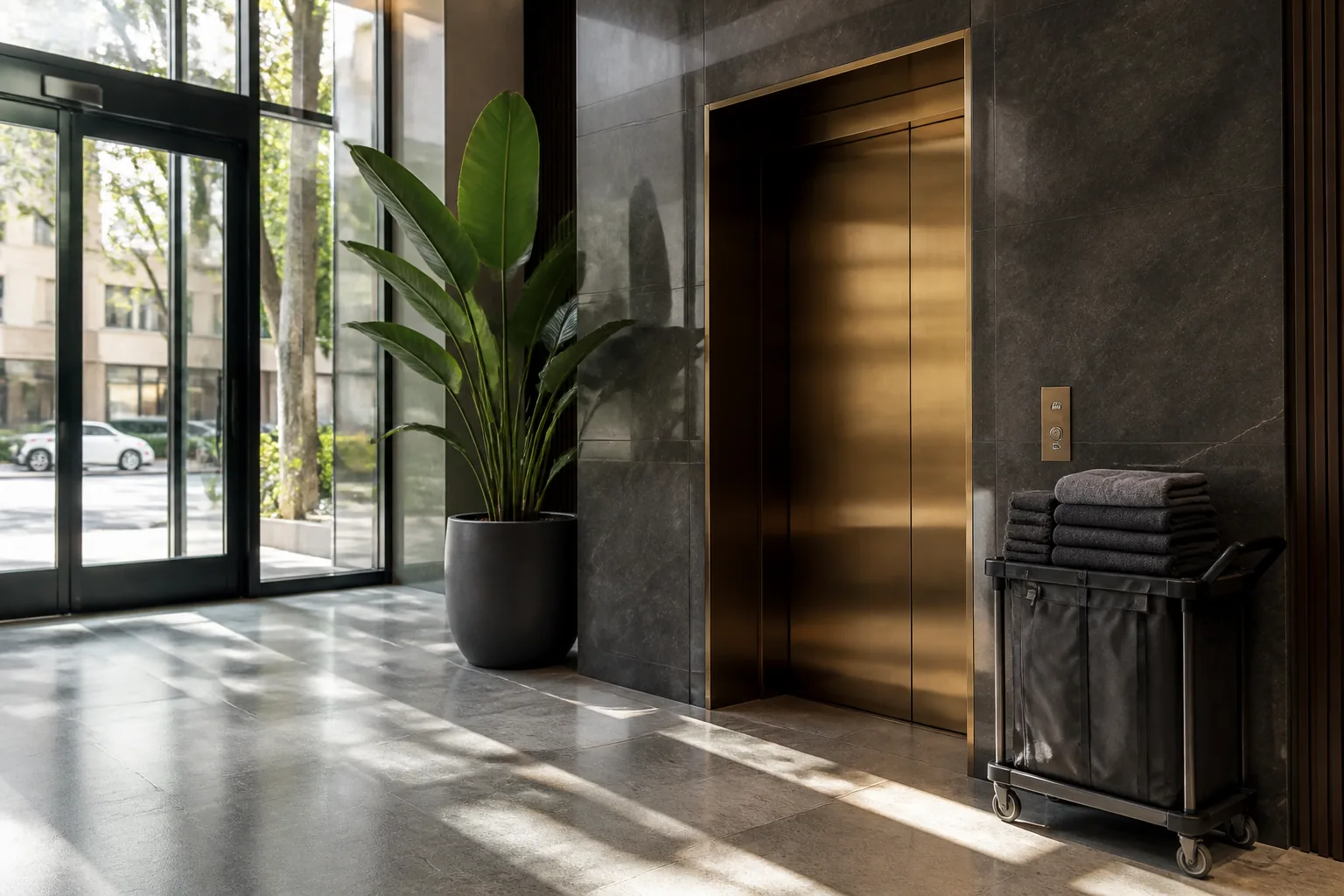 Luxury San Diego apartment lobby with professional cleaning kit by the elevator