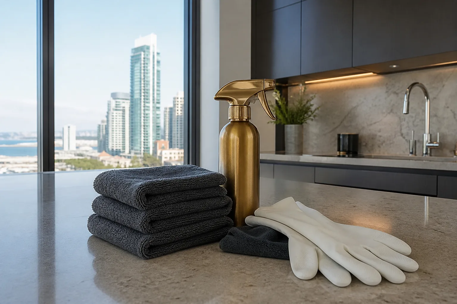 Professional apartment cleaning kit arranged in a San Diego kitchen