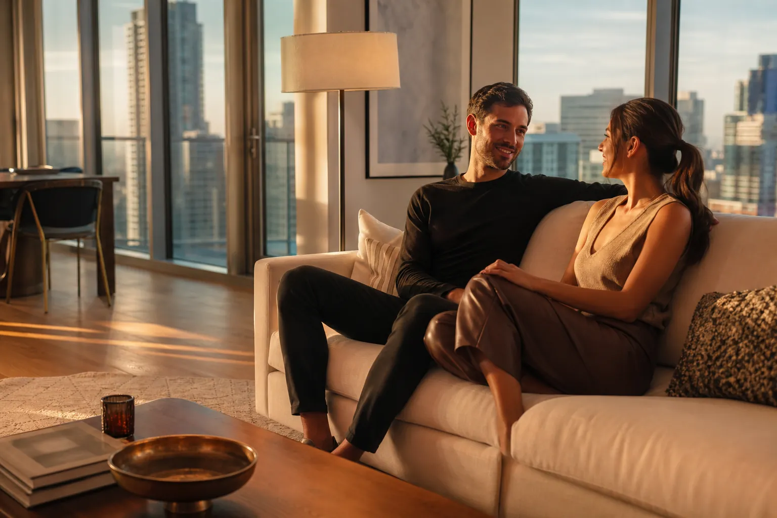 Couple in a Downtown San Diego high-rise living room after apartment cleaning