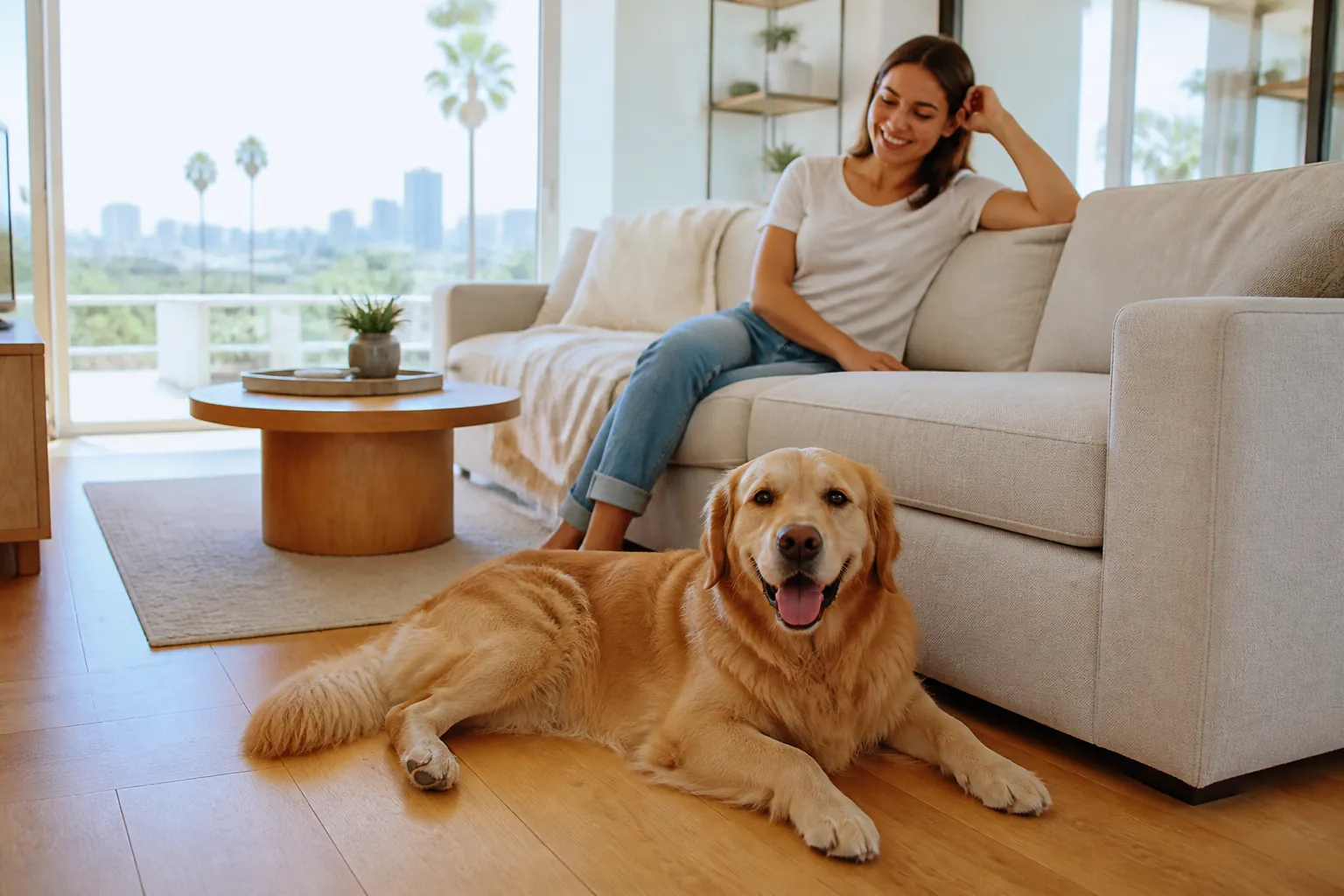 Dog on clean oak floors in a San Diego apartment after pet-safe cleaning