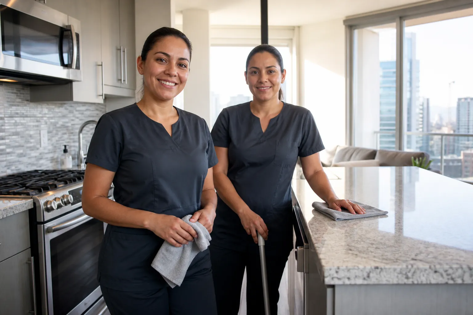Background-checked apartment cleaners in a San Diego condo kitchen